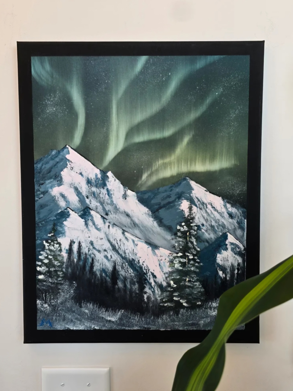 Northern Lights Mountain Landscape Painting - Green & White